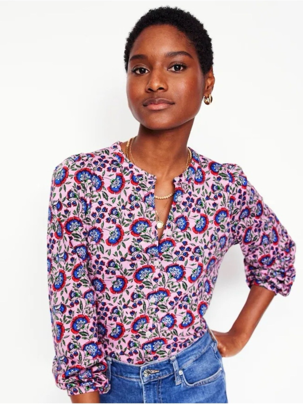 Boden Pink Floral Long-Sleeve Top with Blue & Green Accents